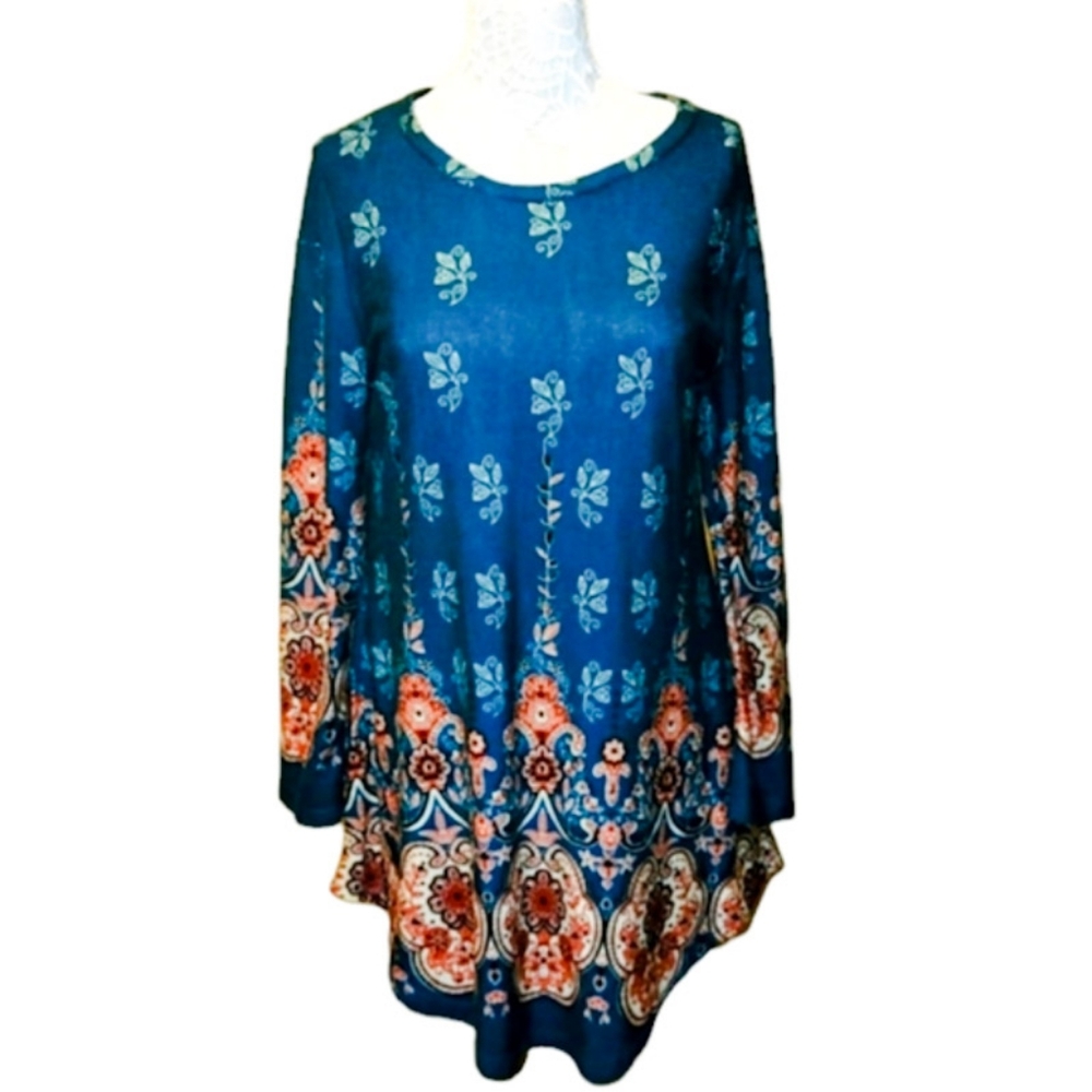 R&B Collection Teal Floral Tunic Top Size XL